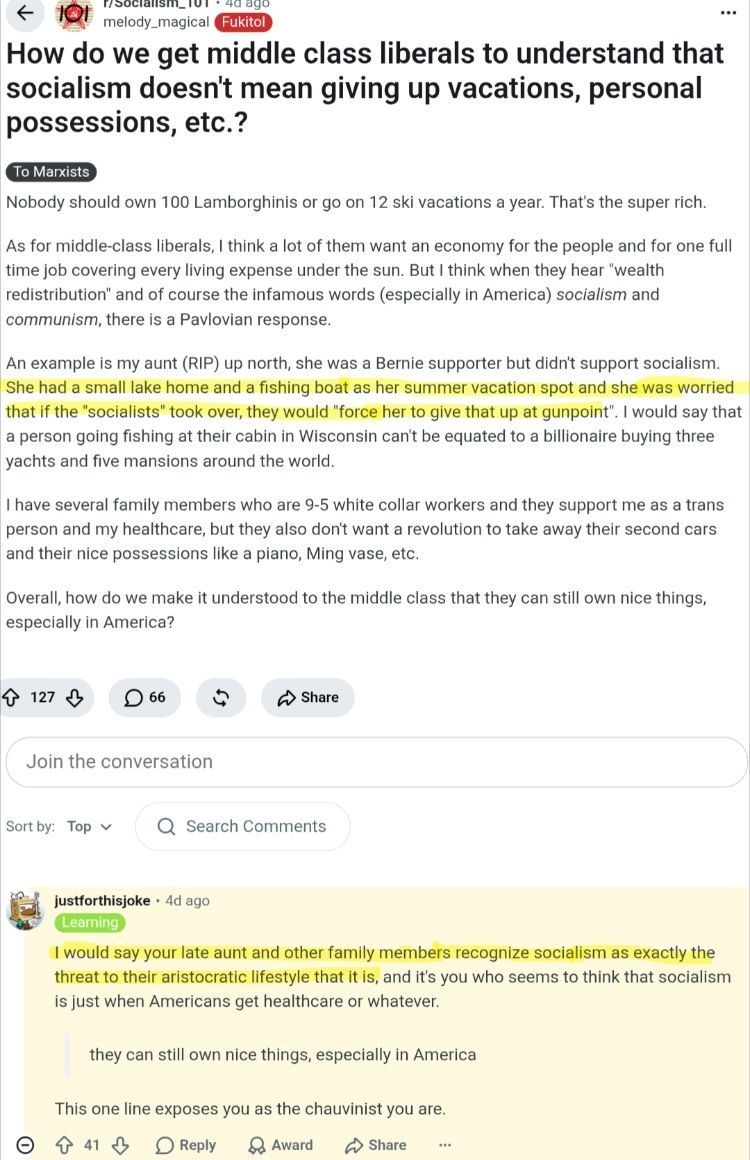 reddit_lies's tweet photo. > Asks how to convince people like his aunt that socialists won't steal her house

> Comments immediately say they will steal her house https://t.co/SFIs1t92Eu