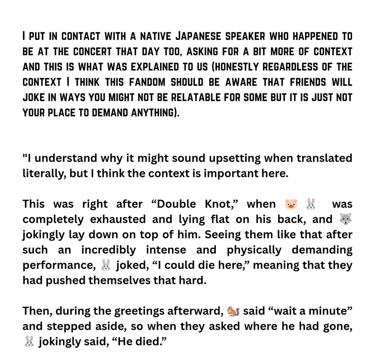 LKREPORT_'s tweet photo. NOTICE

Regarding the last wave of hate towards 🐰. Please read the entire thing.

I put in context with a native Japanese speaker who happened to be at the concert too. https://t.co/6GBAuCwbZv