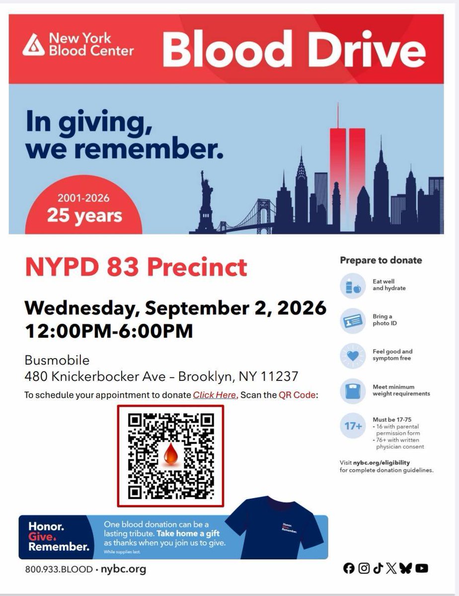 NYPD83Pct's tweet photo. BLOOD DRIVE:

September 2, 2026
12pm to 6pm
@ The 83rd Pct.

Your Blood🩸Donation can save a life!

Walk-Ins are welcome,
but pre-registration is preferred!

Please share this post https://t.co/pSj3xxUqaX