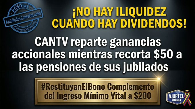 MarcoCeballo's tweet photo. #31Ago Alegar problemas financieros es falaz tras decretar dividendos y recortar a la nómina pasiva #CANTV atienda a #JubiladosCantvEnLucha en sus #67Dias exigiendo #RestituyanElBono Complemento al Ingreso Mínimo Vital a $200 @salaprensaCantv @TAMARA_SUJU @infobae @carlosmarin_tv https://t.co/O2FOZzeAr8