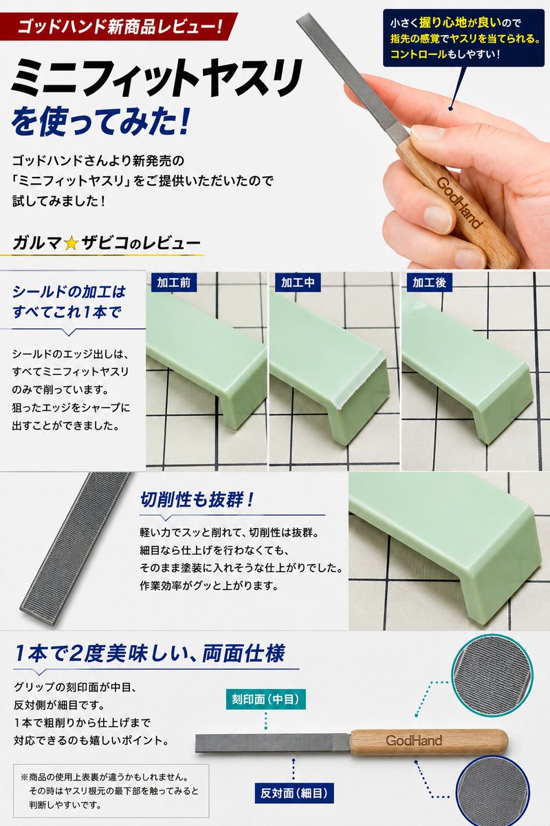 garmazabiko's tweet photo. ゴッドハンドさんから新商品「ミニフィットヤスリ」のサンプルをご提供いただいたので、使い心地をまとめてみました！

切削力も高く、粗削りから仕上げまで1本でこなせる万能ヤスリです✨
鉄ヤスリデビューにも、「どれを買うか迷う…」という方にも、おすすめできる一本でした👍

#PR #ゴッドハンド https://t.co/qFeiMcB0nQ