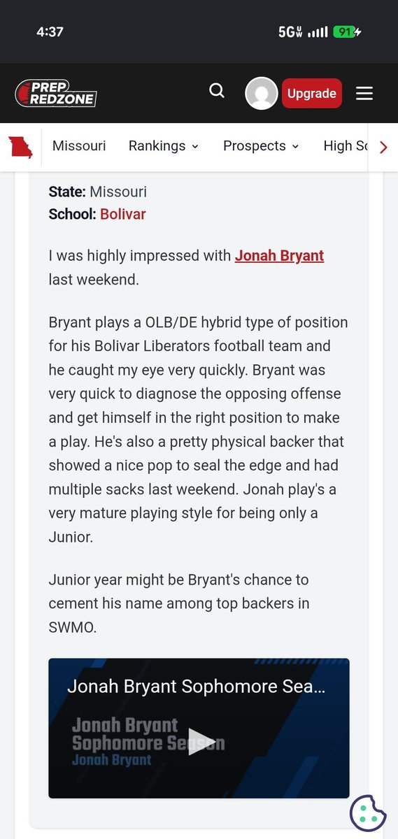 Jonah32Bryant's tweet photo. Grateful to be recognized by Prep Redzone heading into my junior season. Just getting started.

6'1" | 195 | OLB/DE Hybrid | 2028
Bolivar HS (MO)

🎥 Jamboree sack attached 🔥

@MizzouAthletics @CoachDNic @MoStateFootball 

#TheProcess https://t.co/gvjU1R8pb8