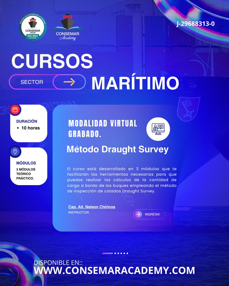 consemargroup1's tweet photo. 🚢 ¡LLEVA TUS CONOCIMIENTOS MARÍTIMOS AL SIGUIENTE NIVEL!

¿Quieres dominar una de las herramientas fundamentales para determinar la cantidad de carga a bordo de un buque**? ⚓

📚 CURSO: MÉTODO DRAUGHT SURVEY https://t.co/J8qDxcgk29
