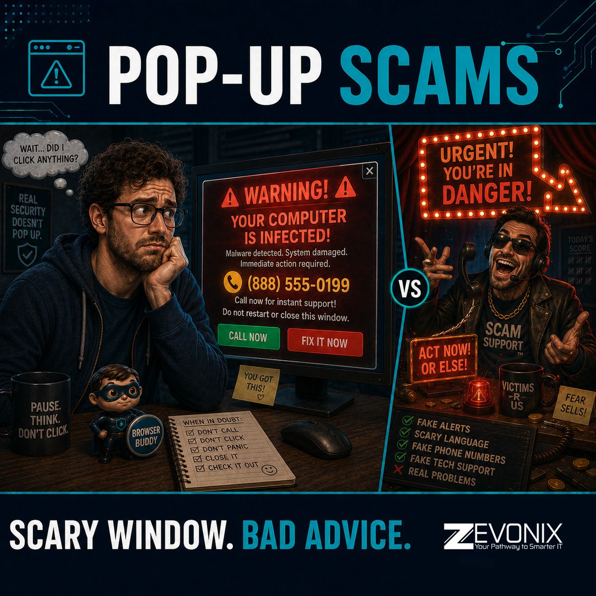 Zevonix_IT's tweet photo. Scary pop-ups sell panic. Close the window and contact trusted support. https://t.co/eA22BkNQdV https://t.co/4s2K85mJlr