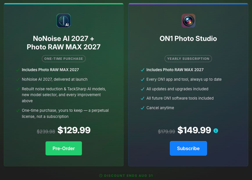 plugsnpixels's tweet photo. These two summer sales expire on 8/31:

Skylum’s Luminar Fall Upgrade 2026 preorder (up to 50% off):

https://t.co/mk3KKeschG

ON1 is offering a preorder for its upcoming NoNoise 2027 and a discount on a subscription to ON1 Photo Studio:

https://t.co/i6EKb5J01S https://t.co/fg9VvN4cLU