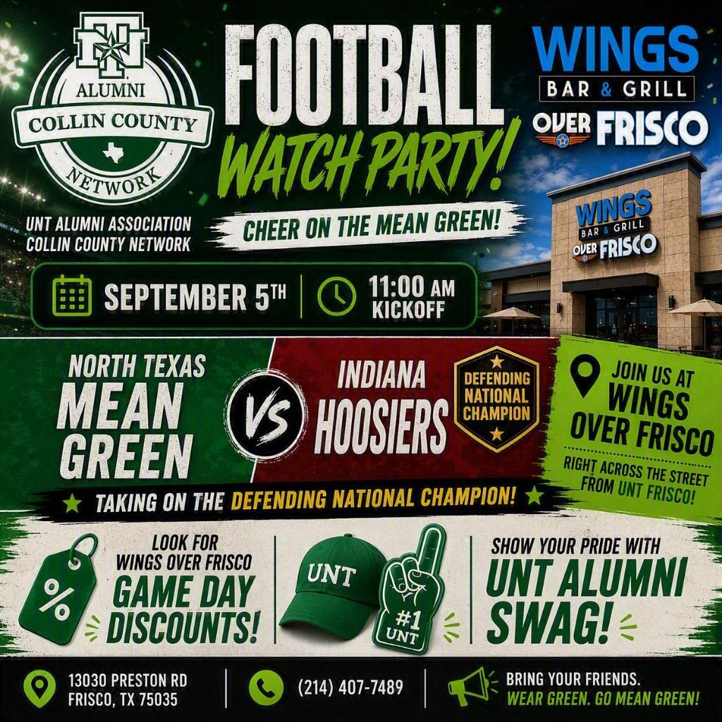 CollinUnt's tweet photo. Less than 1 week away!!   Join us 9/5 at Wings Over Frisco to watch the Mean Green take on the defending champion Indiana Hoosiers in football.  Make sure to check in via the QR code that will be on the swag table. #collegefootball26 #gmg #gomeangreen #untalumni https://t.co/RJegROUWYn
