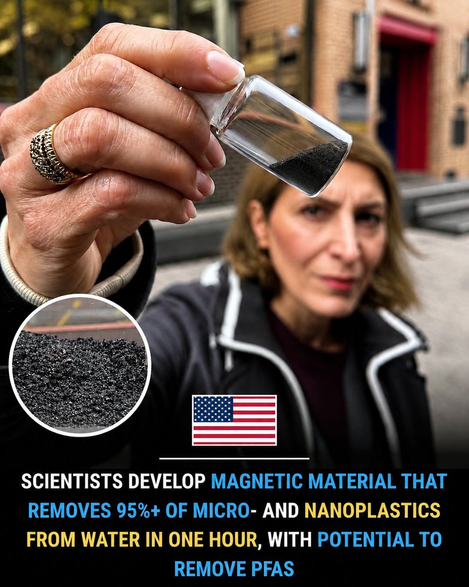 ProReview07's tweet photo. Imagine pulling tiny plastic particles out of water with a magnet. 

Scientists have developed a magnetic material that, in lab tests, removed more than 95% of micro- and nanoplastics from water within an hour.

What makes it interesting is that the material can be separated from the water magnetically and potentially reused.
Researchers are also exploring whether the same approach could help capture PFAS, the so-called “forever chemicals.”
It’s still early-stage research, so this isn’t a magic water purifier yet. But given how difficult microplastics and PFAS are to remove, this is definitely worth watching.
Sometimes the coolest breakthroughs start with something as simple as a magnet.
#CleanWater #Microplastics #Nanoplastics #PFAS #WaterTreatment #Science #Innovation #Environment #Sustainability #CleanTech