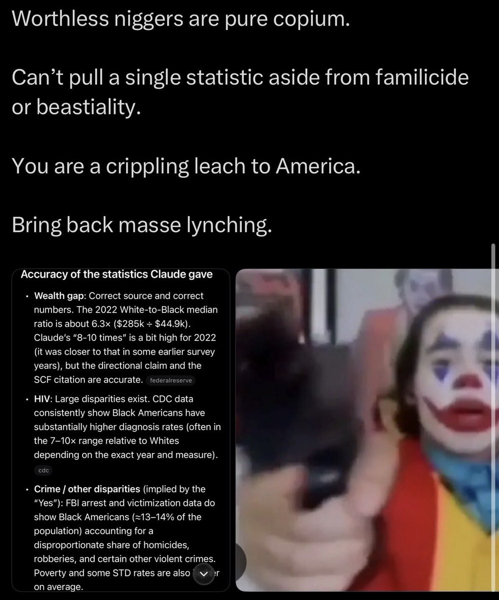 BleepBloop699's tweet photo. @Cucked_Neander @slimedsociety @pooppoolitics @theDemonGash @navyhato You sent porn memes - because all you can debate is irrelevant, tiny statistics like beastiality, or familicide. You realize how irrelevant, in proportion those are - vs the scum that is the nigger race? https://t.co/tiZRniUEZc