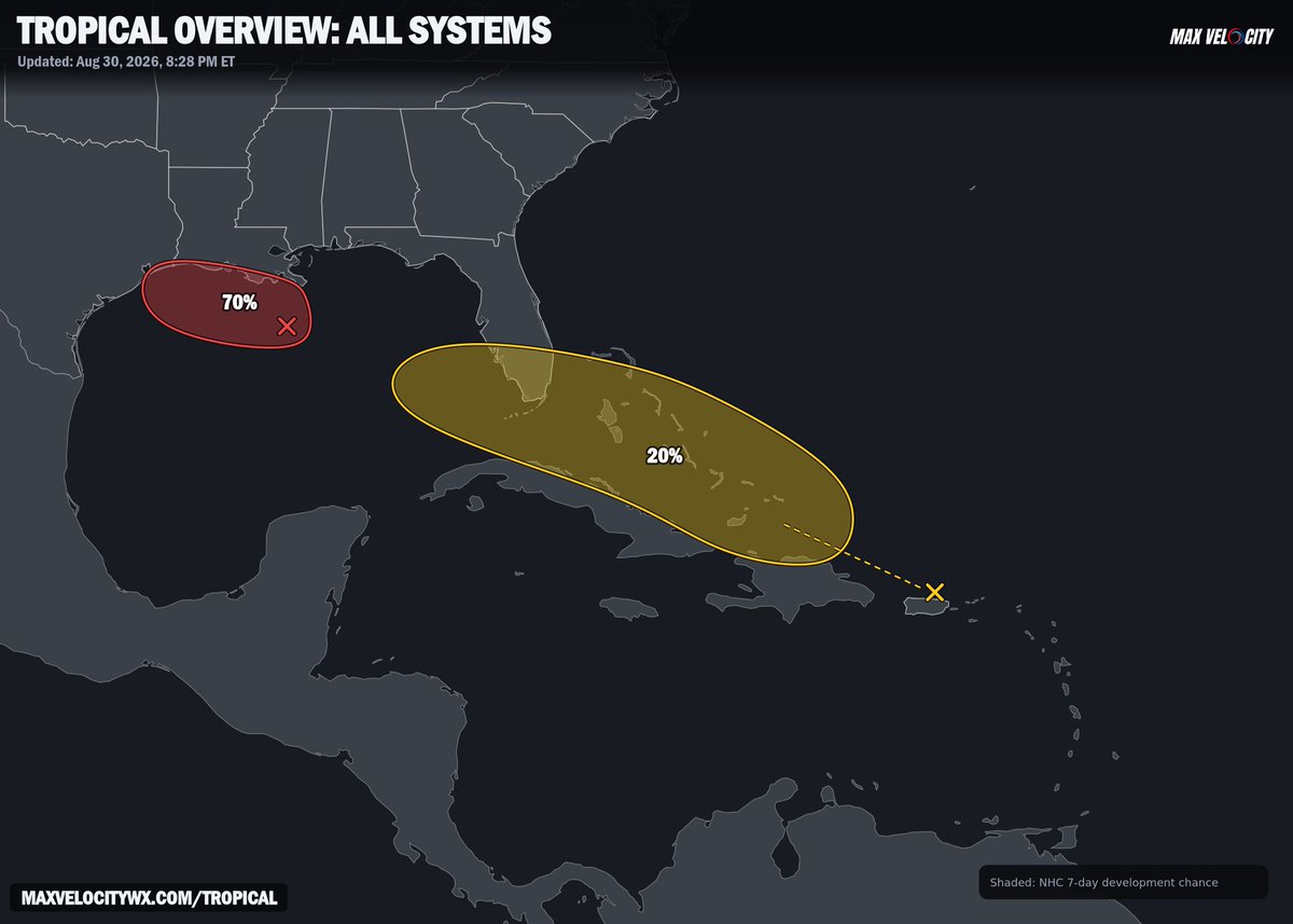 MaxVelocityWX's tweet photo. There's now a HIGH CHANCE of tropical development in the Gulf!

Invest 97L has continued to become better organized this evening as it continues its west-northwestward track over the northern Gulf. It is now likely that it becomes a short-lived tropical depression or storm before reaching the Upper Texas or southwestern Louisiana coasts by Tuesday or Tuesday night. Tropical Storm Watches or Warnings could be put in place for these areas by tomorrow morning.

The next name on this year's naming list is Edouard.