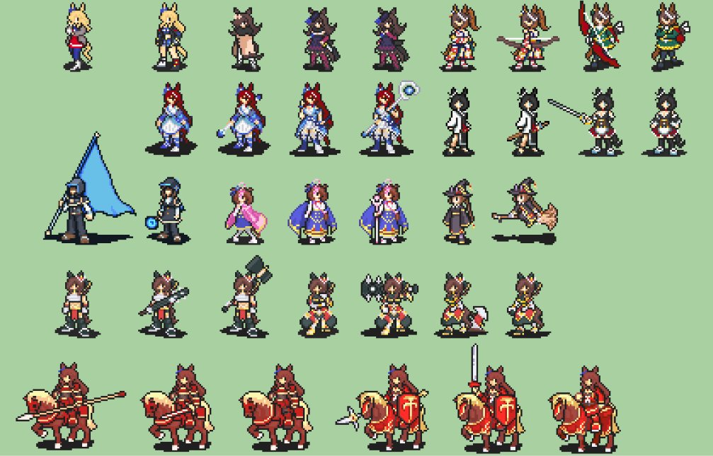 KazeYamayama's tweet photo. Update on the sprites for Uma Emblem. Symboli Rudolf's and Eishin Flash's base and promoted class are completed. 

Only three more Umamusume left to go 😁 
After I'm done with the last three, I'll be doing the map sprites next. https://t.co/Zf3gpfMeo2