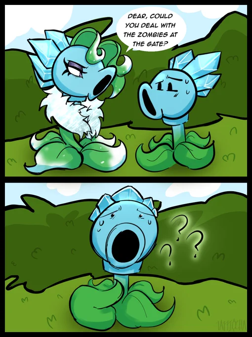 Version of the popular peashooter baddie comic, instead featuring snow pea because I adore him. Her name is Frost Pea. I did this for fun, all credit for inspiration goes to @xXPeaFlowerXx