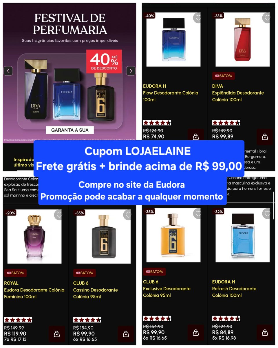 elainebarbos's tweet photo. Cupom Eudora 2026 – LOJAELAINE | Cupom de Desconto Eudora
🛍️ Eudora

🏷️ Cupom: LOJAELAINE Frete Gratis + brinde acima de R$ 99

Use o código LOJAELAINE no site oficial 

⚠️ Preços, descontos e estoque podem variar.

#Eudora #CupomEudora #CupomDeDescontoEudora #EudoraCupom" https://t.co/XBGlt4OCsx