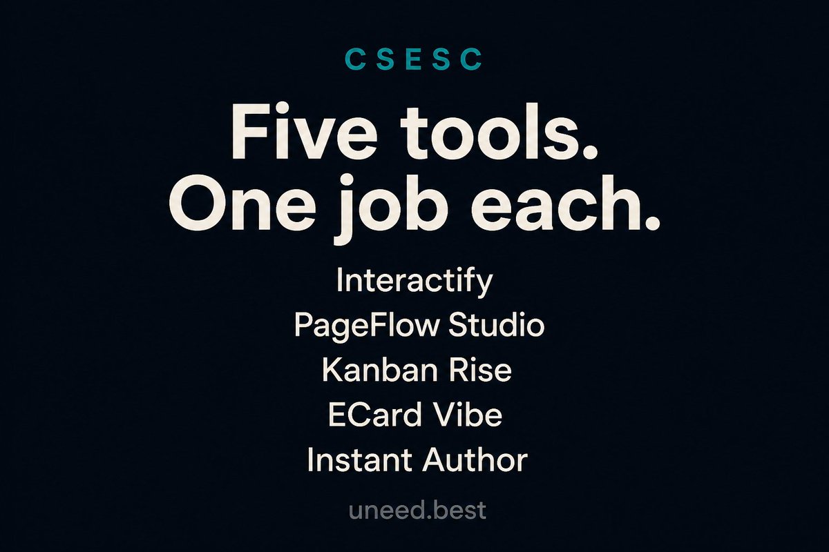 officialcsesc's tweet photo. Five tools. One job each.

Interactify — a page that asks, and keeps the lead.
https://t.co/LAcpkb5r79

PageFlow Studio — dead PDFs into flipbooks.
https://t.co/51uOtjGitQ

Kanban Rise — stop managing the tool. Start managing the work.
https://t.co/rf4BLGzsqL

ECard Vibe — a digital card that captures the lead.
https://t.co/Hy7nSbhEyU

Instant Author — notes into a draft you can publish.
https://t.co/wxZuUNVWQq