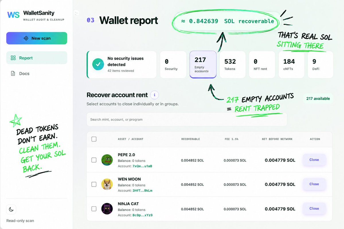 WalletSanity's tweet photo. Your trench wallet has seen things.

200 rugs.
47 round trips.
Random airdrops.
Dead token accounts.
NFTs you don't remember buying.
Might be time to see what's actually in there.
https://t.co/TBcgoY83Iu https://t.co/Q2NvBOWoo9