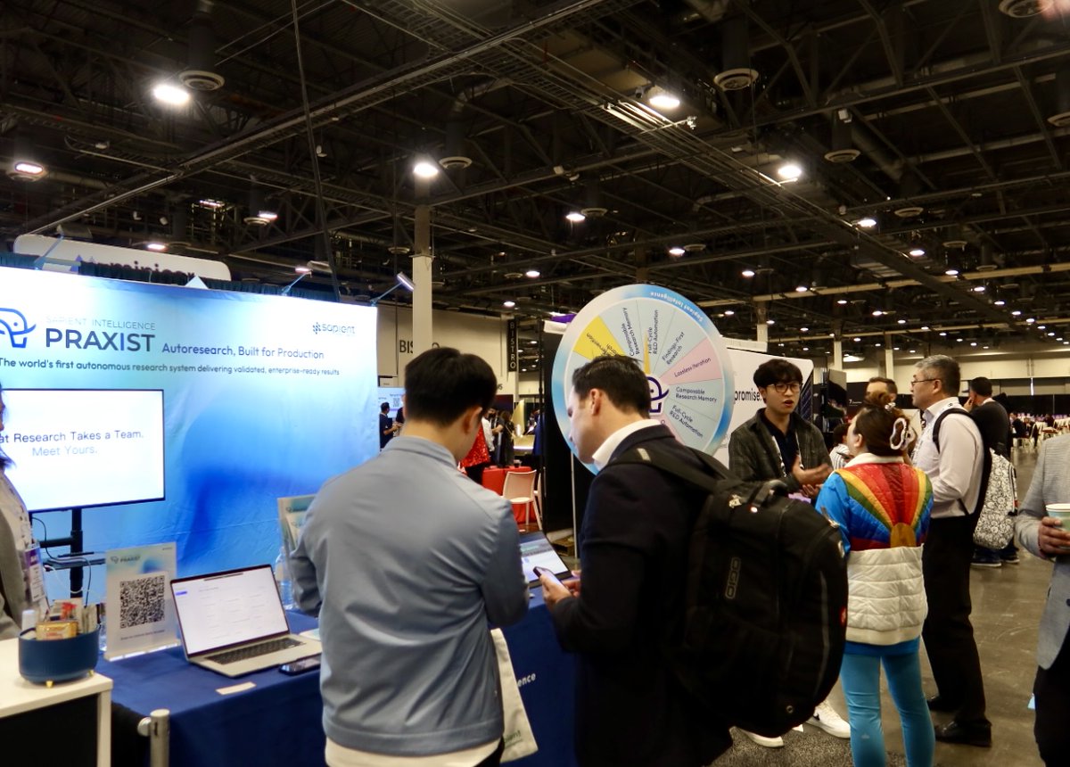 Sapient_Int's tweet photo. From the stage to the booth, PRAXIST sparked a lot of conversations at AI4.

We spent the week meeting leaders and technical teams from across industries, discussing the problems they’re working on and how PRAXIST could be applied inside their organizations.

Thanks to everyone who stopped by, shared their challenges with us, and explored what putting autonomous R&D to work could look like.