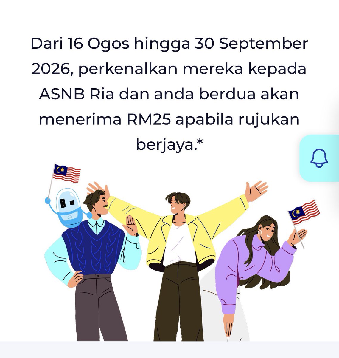 Angah3739's tweet photo. “Merdeka bukan sekadar bebas daripada penjajahan, kita juga perlu merdeka daripada beban kewangan.”
•
Korang dah park belum RM100 dalam ASB RIA ni? Pakai je referral code: 'UPKTPD' dapat RM25 free sempena bulan Kemerdekaan dan Hari Malaysia!

Tempoh: 16 Ogos hingga 30 Sept 2026 https://t.co/Zga0joSYu7