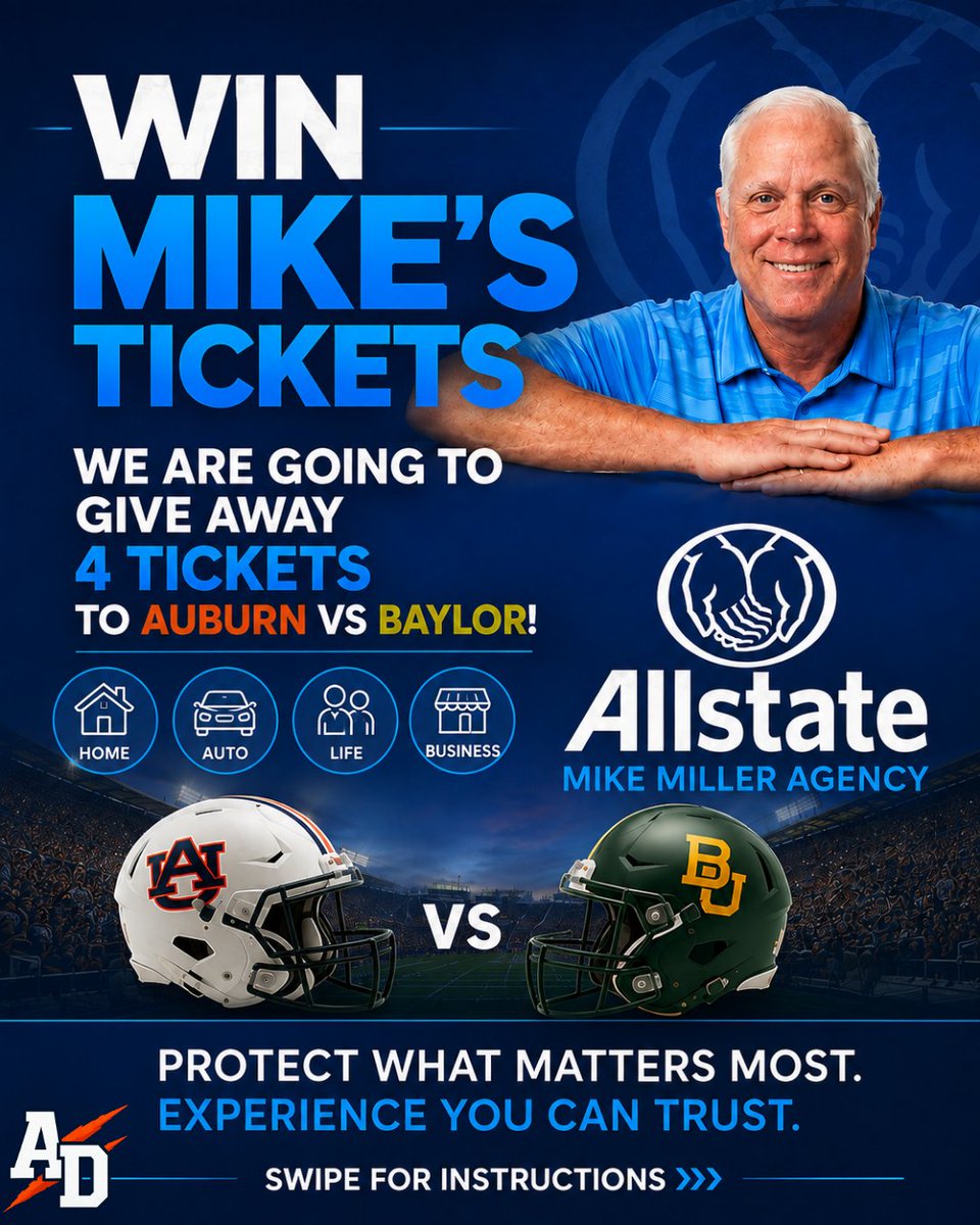 TheAuburnDaily's tweet photo. WIN MIKE'S TICKETS!

Shout out to our new sponsor Mike Miller All-State for Football season! Tag 3 friends you'd love to take with you! 

Winner announced Tuesday at 6pm CST

Extra Entries at the Auburn Daily Instagram and Facebook! https://t.co/ouKqRw5IXy