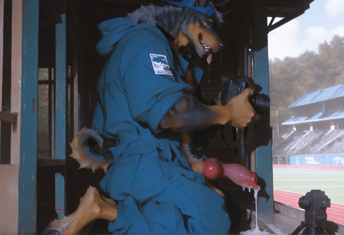 Tee_Leeves's tweet photo. In addition to maintaining Everson University's grounds, Oscar also volunteers to get photos of our famed football games. Uh...we're still trying to get those images from him. #AIArt #GayArt #Bara #GayFurry #FurryArt https://t.co/vIjgfMjlPh