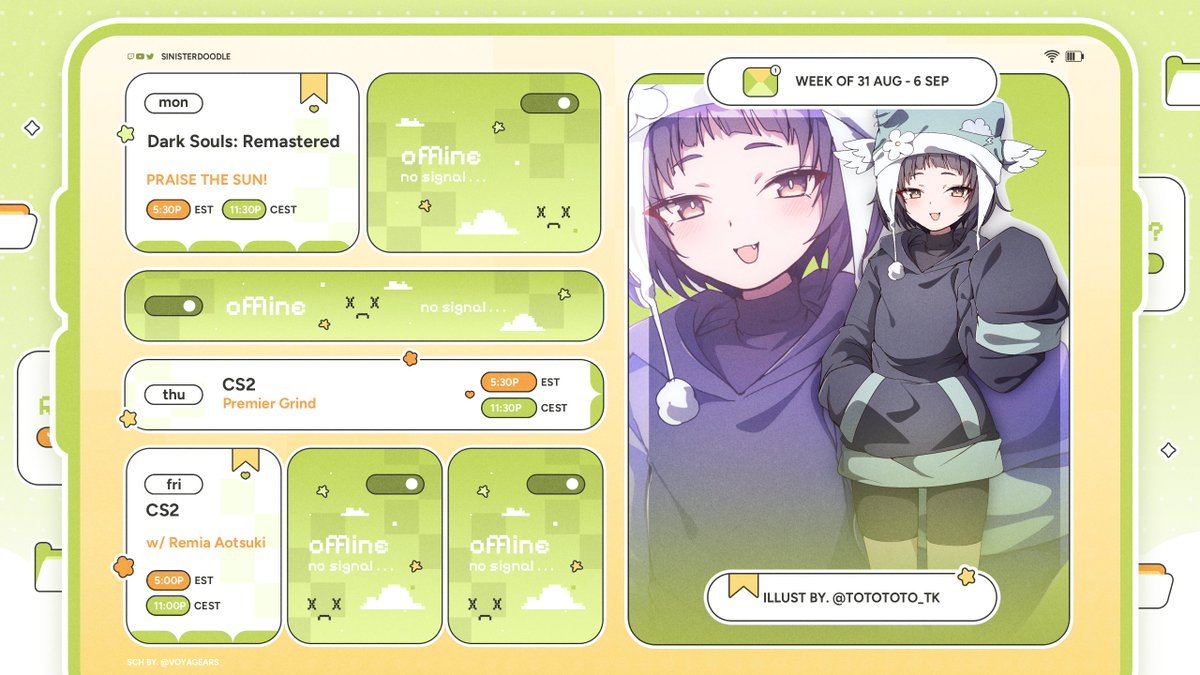 sinister_doodle's tweet photo. ▞▞▞▞  🆂🅲🅷🅴🅳🆄🅻🅴  ▞▞▞▞   
8.31.2026-8.30.2026  #Vtuber #VtuberEN #Sinisterdoodle 
⚔️ I NEED MORE SOUL   
🔫CS Premier 12K Elo Grind and with Doggo!  
----  

🎨: #TOTOTOTO_TK https://t.co/IY36ZC1JnX