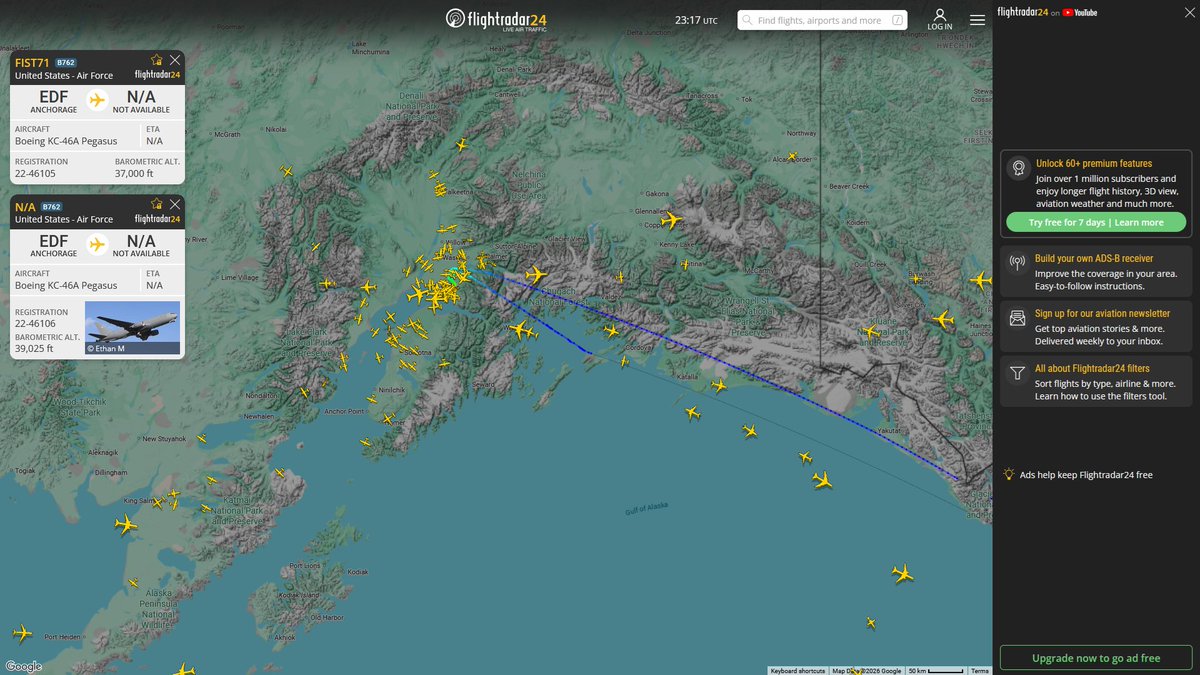 AIYeyENGDdJkjTr's tweet photo. Aug. 31, 2026
#Anchorage Elmendorf Air Force Base ==> #Fairfield Travis Air Force Base
#FIST71 #AE330A USAF KC-46A Pegasus
#FIST81 #AF9B66 USAF KC-46A Pegasus
#McGuire Air Force Base ==> #Fairfield Travis Air Force Base
#PETRO61 #AE63C6 USAF KC-46A Pegasus
#PETRO71 #AE63C8 USAF KC-46A Pegasus