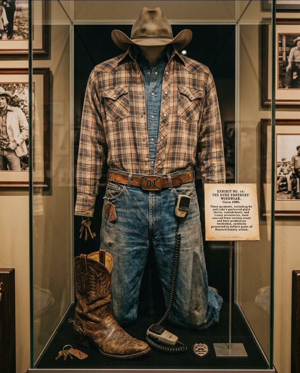 Collier_and_co_'s tweet photo. A little piece of television history preserved behind glass. 📺🤠 The details in these costumes really take you back. 
#DukesOfHazzard #TVHistory #TelevisionHistory #VintageTV #MuseumCollection https://t.co/nYEZXmvjjN