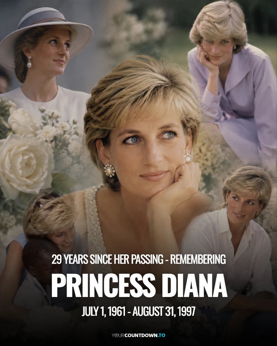 YourCountdownTo's tweet photo. Remembering Princess Diana, who died on August 31, 1997, aged 36. 🕊️ Known as the “People’s Princess,” her warmth, humanitarian work and lasting impact continue to be remembered around the world. #PrincessDiana #RememberingDiana https://t.co/oW5vtRoJDI