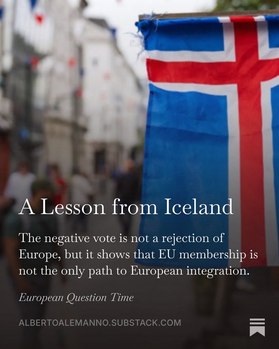 alemannoEU's tweet photo. No, Iceland’s referendum result does not reject European integration. 

It shows that the country’s present arrangement within the European Economic Area (EEA) — single-market access, free movement and participation in EU programmes without EU membership, and without a vote on EU rules — is attractive enough to maintain the status quo.

Read my latest @Substack https://t.co/u8g6413fnb