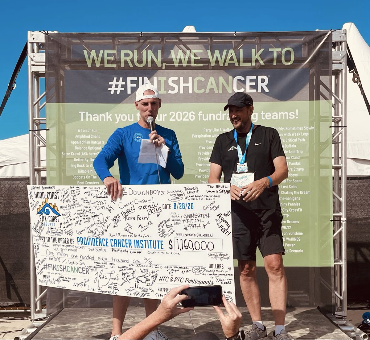 rbryanbell's tweet photo. What a great day to reach the #FinishCancer line- congratulations to all of the #HoodToCoast2026 particpants! A profound thank you to the 82 fundraising teams who collectively raised more than $1.16M in support of cancer research at @providence cancer institute! 🙏 https://t.co/SRlEWZ2UR3