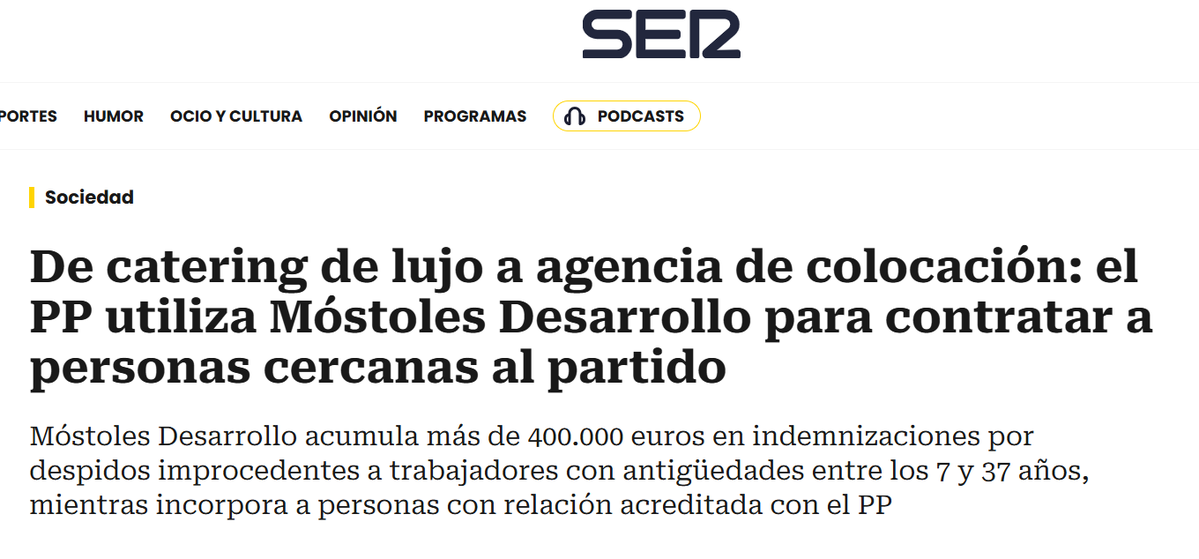 0scarbilba0's tweet photo. MÓSTOLES DESPIDE TRABAJADORES 
PARA DAR MAMANDURRIA a FASCISTAS 
QUE EL PP LLEVABA EN SUS LISTAS
La empresa pública Móstoles Desarrollo ha pagado más de 400.000 euros en indemnizaciones por despidos a 16 trabajadores para contratar a afiliados del PP por 3000€ al mes. https://t.co/MrB8uoLchM