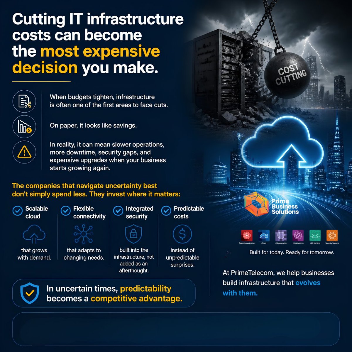 PrimeTelecomRo's tweet photo. Cutting #IT infrastructure costs can become the most expensive decision you make.

At #PrimeTelecom, we help businesses build infrastructure that evolves with them.

💬 If your infrastructure had to support 2× your business tomorrow, would it be ready?

#Connectivity #Cloud #IT https://t.co/UpKO8FZ85I