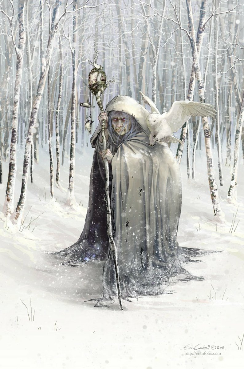StephenGeoRae's tweet photo. Cailleach, the Divine Hag; also known as the goddess Beira, the Queen of Winter. She is said to have created all of Scotland's mountain ranges, and is associated with winter, snow and ferocious winds.

art: Eran Fowler https://t.co/sZLh3asJ32