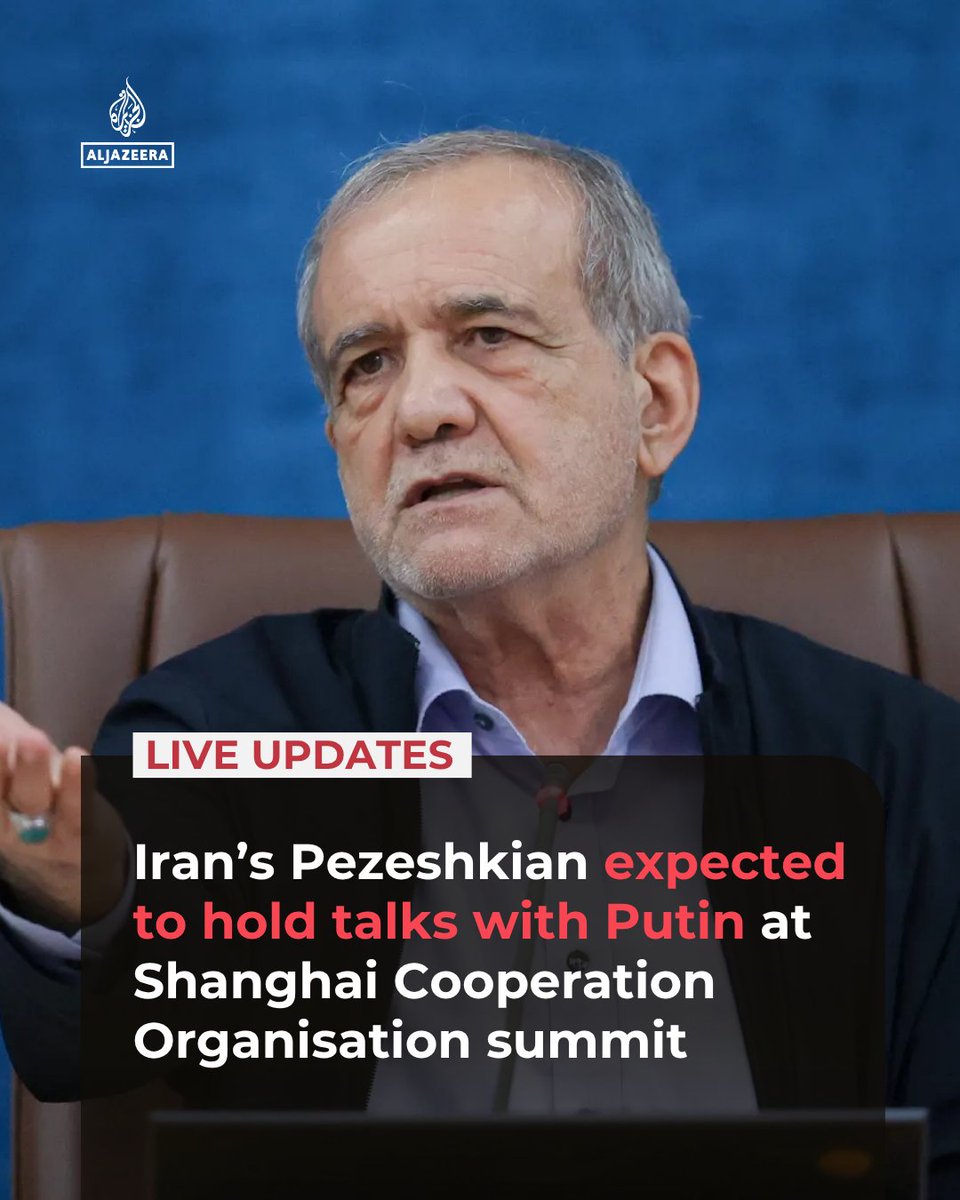AJEnglish's tweet photo. Iranian President Masoud Pezeshkian is expected to hold talks with Russian President Vladimir Putin at the annual Shanghai Cooperation Organisation (SCO) summit in Kyrgyzstan on Monday. 

🔴 LIVE updates: https://t.co/RZ81x6ltIf https://t.co/g06Mvo6GF5