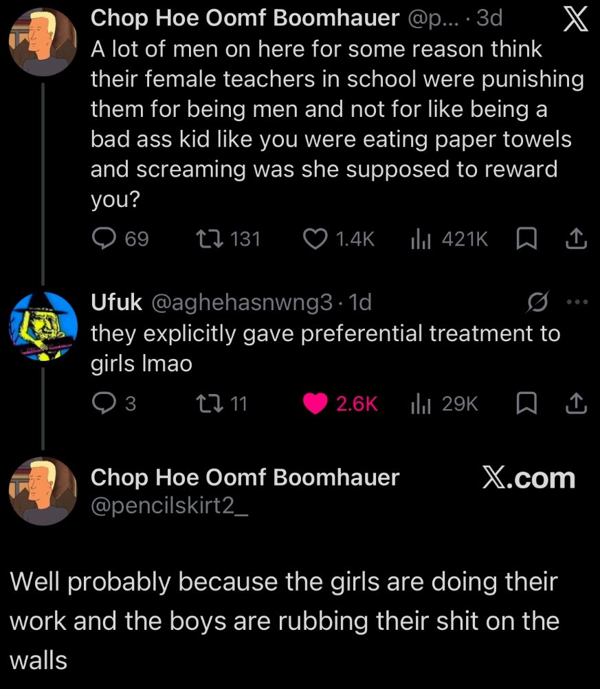 Bentendeshi's tweet photo. So teachers do punish kids for being male but also it doesn’t matter and actually it’s good that it happens and besides they deserved and also why are you even complaining. https://t.co/y0Ngwlydiu