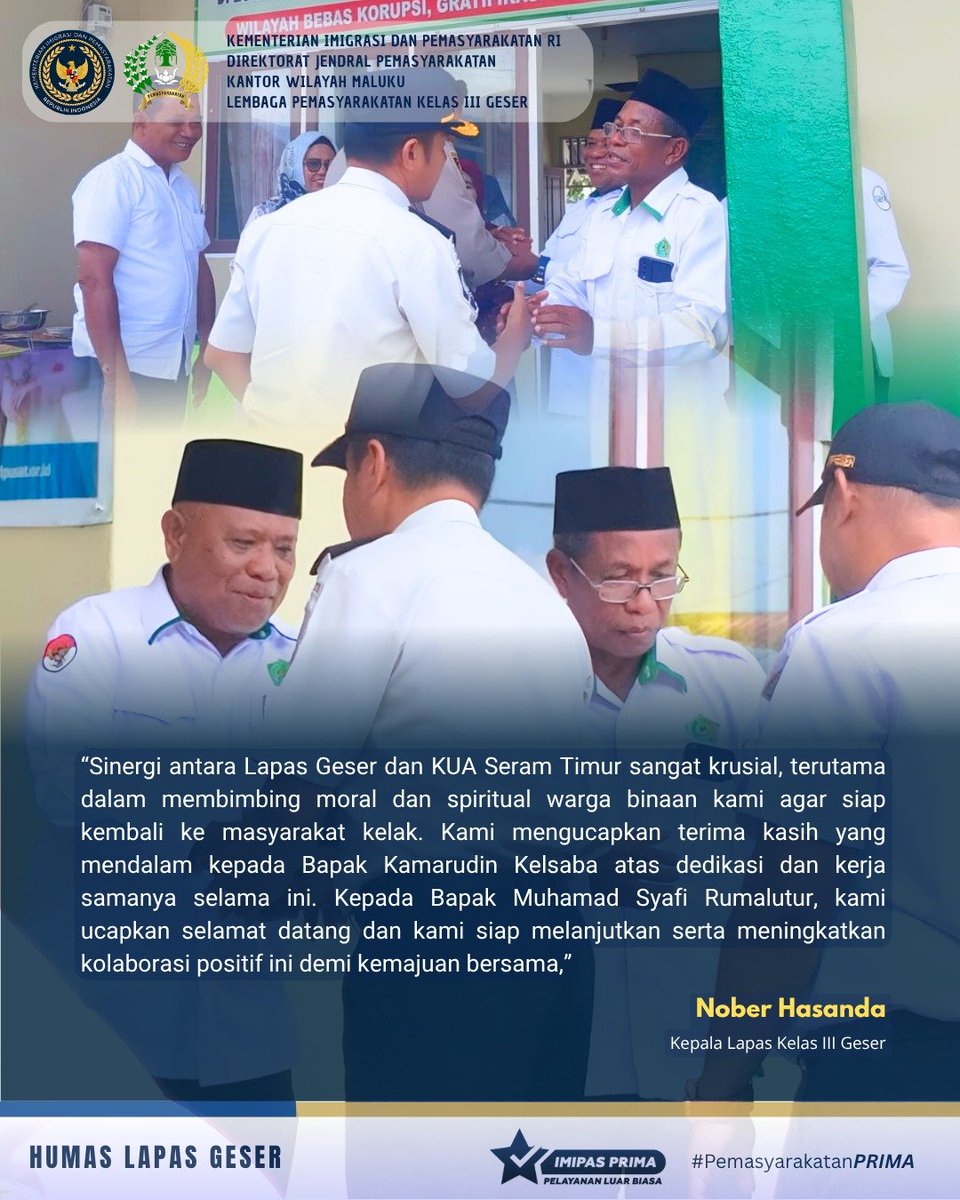 lapas_geser's tweet photo. Jalin Sinergitas, Kalapas Geser Hadiri Seremoni Pisah Sambut Kepala KUA Kec. Seram Timur.

Selengkapnya kunjungi ⛓️‍💥👇🏻 
https://t.co/VtYUL7meVW

#Kemenimipas
#ditjenpas
#kanwilditjenpasmaluku
#kakanwilditjenpasmaluku
#rickydwibiantoro
#arika https://t.co/bWfEfjJhfw