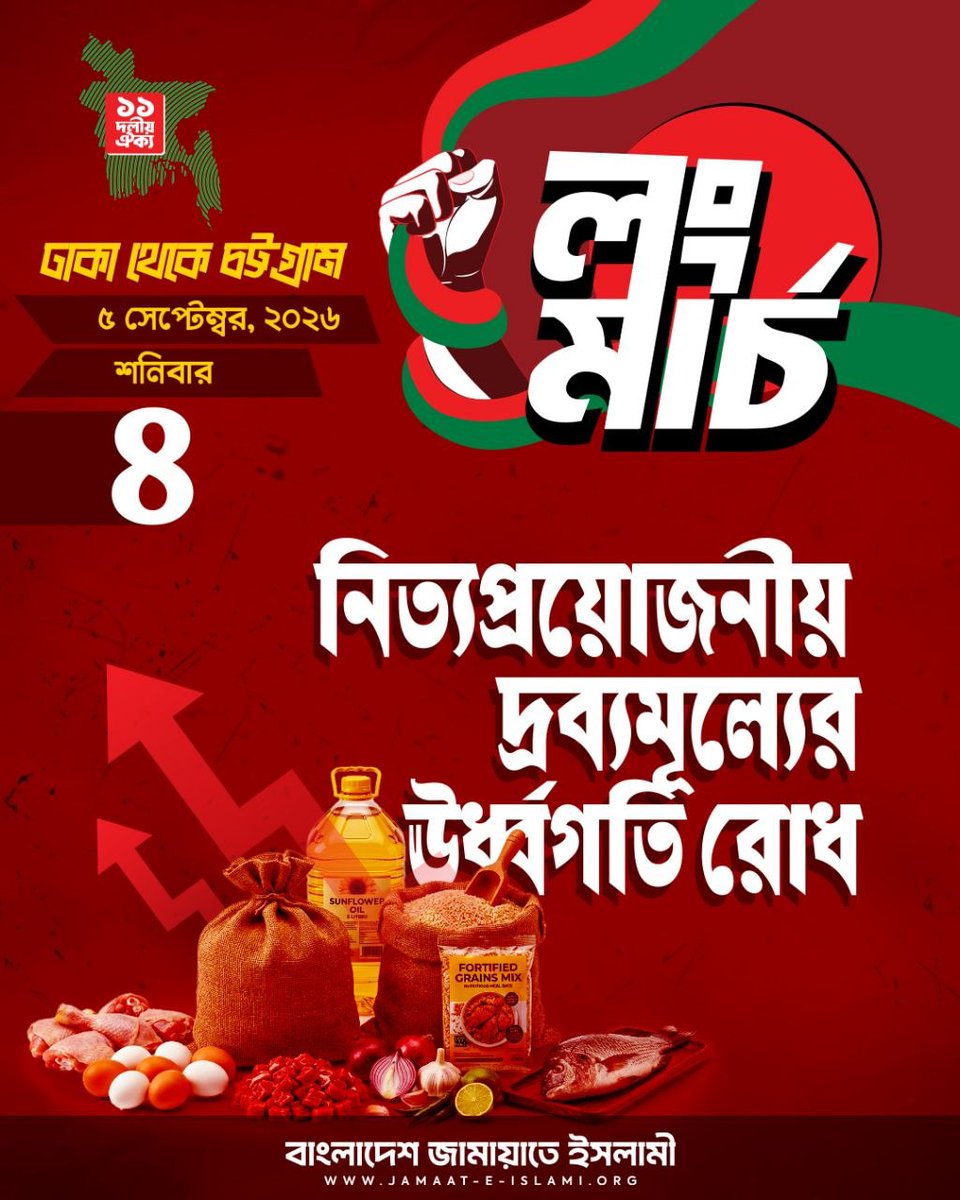 BJI_Official's tweet photo. নিত্যপ্রয়োজনীয় দ্রব্যমূল্যের উর্ধ্বগতি রোধের দাবিতে আগামী ৫ সেপ্টেম্বর (শনিবার) ১১ দলীয় ঐক্যের ঢাকা থেকে চট্টগ্রাম লংমার্চ সফল করুন।
#DhakaToChattogram #LongMarch5Sept #LongMarch #Bangladesh #Jamaat https://t.co/I3GtXATez5