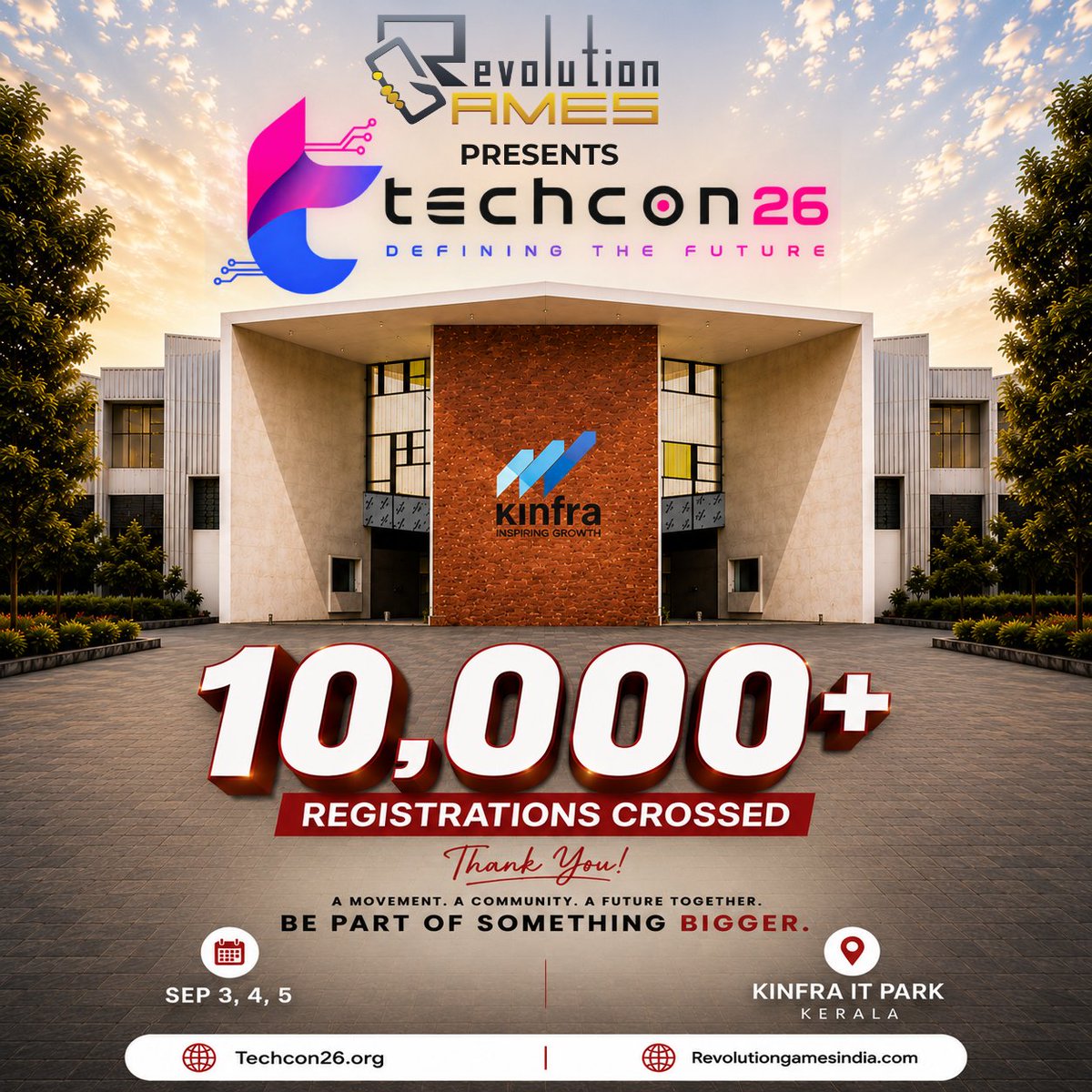 Revgamesindia's tweet photo. 🚀 Revolution Games presents TECHCON’26!
Proud to be the Title Sponsor of TECHCON’26, bringing together technology, innovation, and ideas.
🔥 10,000+ REGISTRATIONS CROSSED!
📅 September 3, 4, 5
📍 KINFRA IT PARK, KERALA
🌐 https://t.co/6tDkcpWHud
#TechCon26 #RevolutionGames https://t.co/Scb9sSn82R