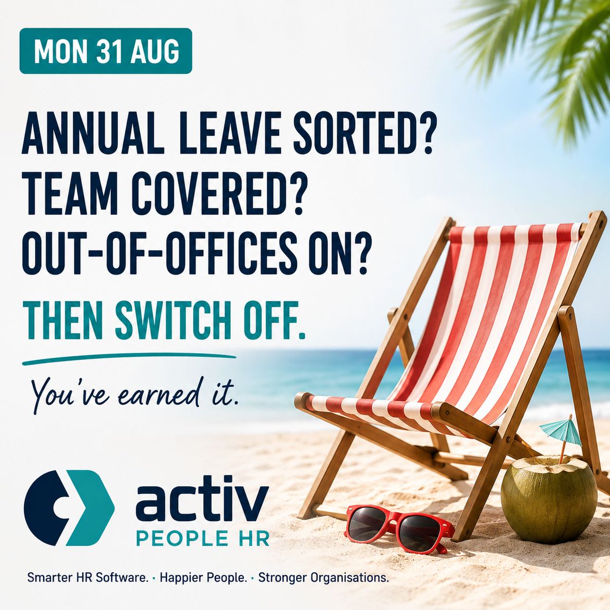 activpeoplehr's tweet photo. 🏖️ Annual leave sorted?
👥 Team covered?
📧 Out-of-office on?

Then switch off.

Taking time away from work matters. Rest, recharge and enjoy the Bank Holiday. ☀️

#AnnualLeave #EmployeeWellbeing #ActivPeopleHR https://t.co/cfL3wS6tCP