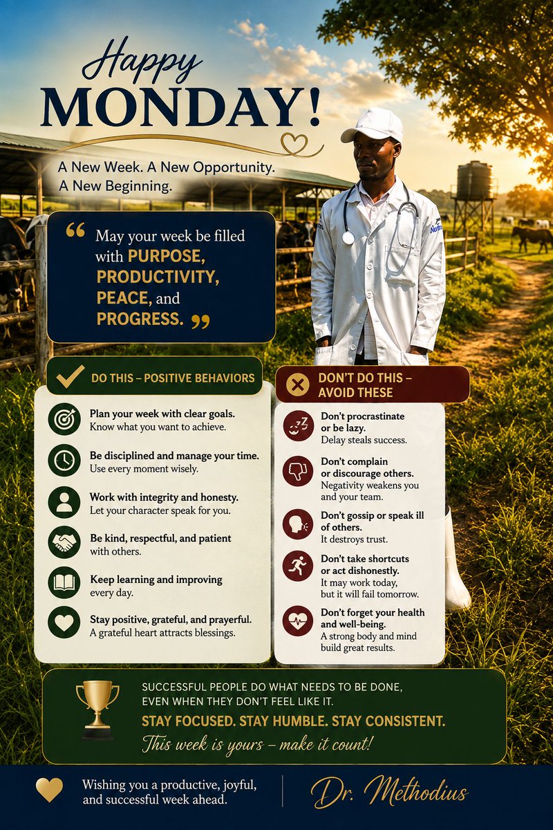 BirihoMethodius's tweet photo. “A successful week is not created by Monday alone. It is built by the small decisions you make every day. Guard your behavior, manage your time, respect people, do your work honestly, avoid procrastination, keep learning, protect your health, and remain humble."

Dr. Methodius. https://t.co/nncbc9Scgn