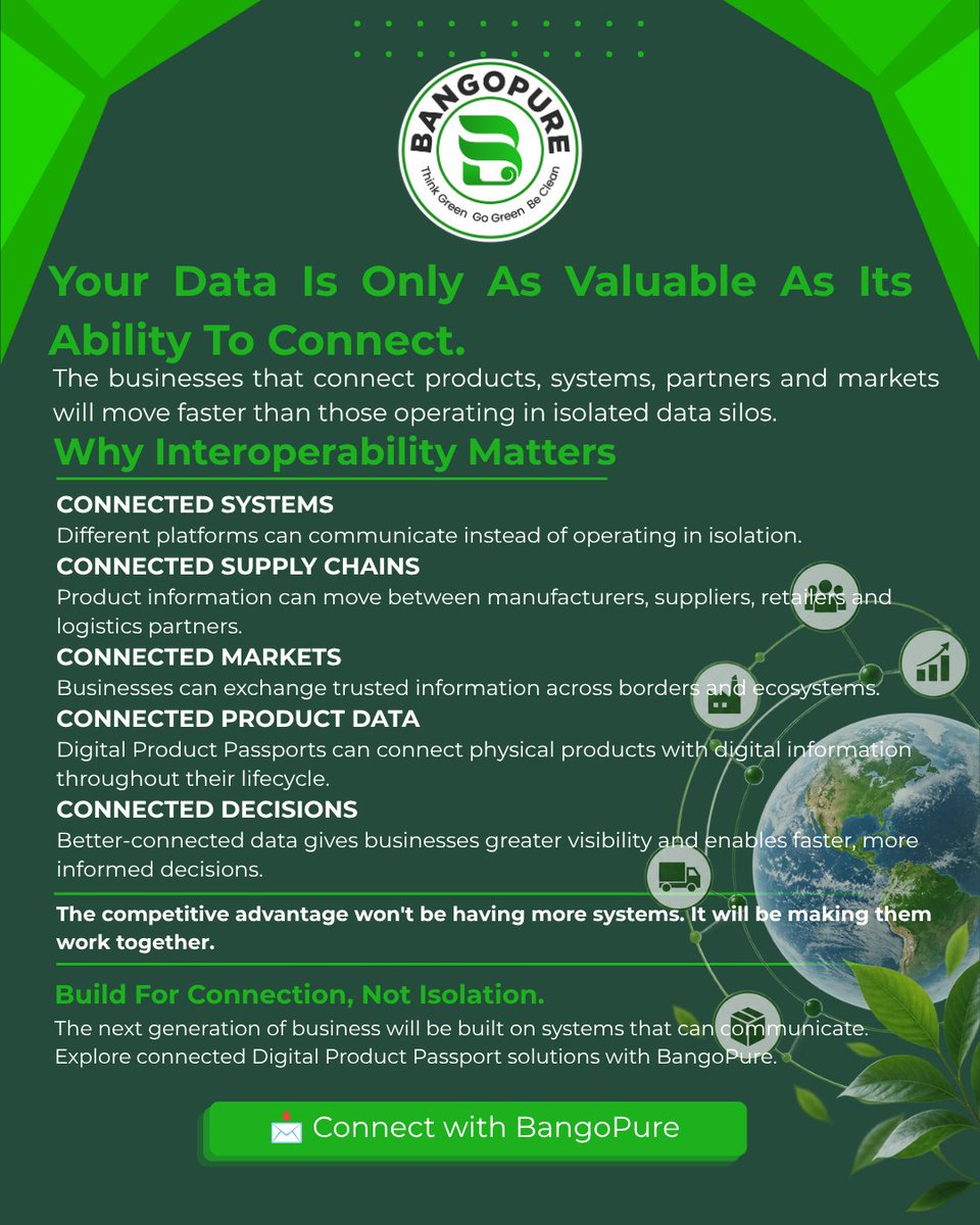 bangopure's tweet photo. More data isn't the advantage.
Connected data is.
The next decade could belong to businesses whose systems, products and partners can communicate.
#Interoperability #DPP #ConnectedData https://t.co/Yfsqem40AV