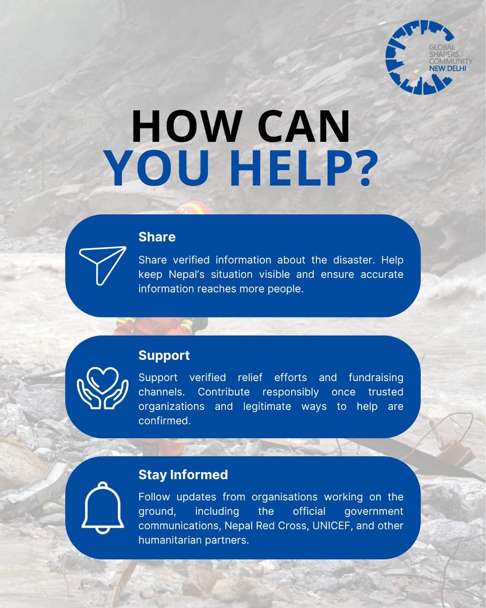 GSCNewDelhi's tweet photo. Nepal needs our attention. 🇳🇵

As devastating floods and landslides continue to impact communities, the need for verified information, humanitarian support and collective action remains urgent.

We stand in solidarity with everyone affected.

#nepalfloods #globalshapers https://t.co/ceoEvLQhHz