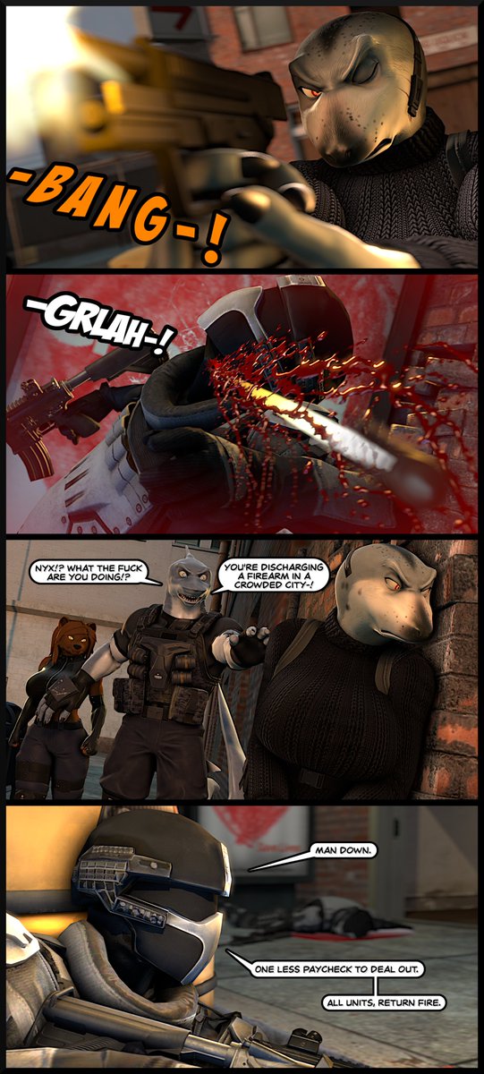 AToastedOrange's tweet photo. Confrontation Pages 46 & 47 are Now Live!

Blake's Mercenaries have engaged Hammer and his teammates with lethal intent. How will they get out of this one?

Characters by @petruz3d 

Link: https://t.co/NUH3ExyAVJ