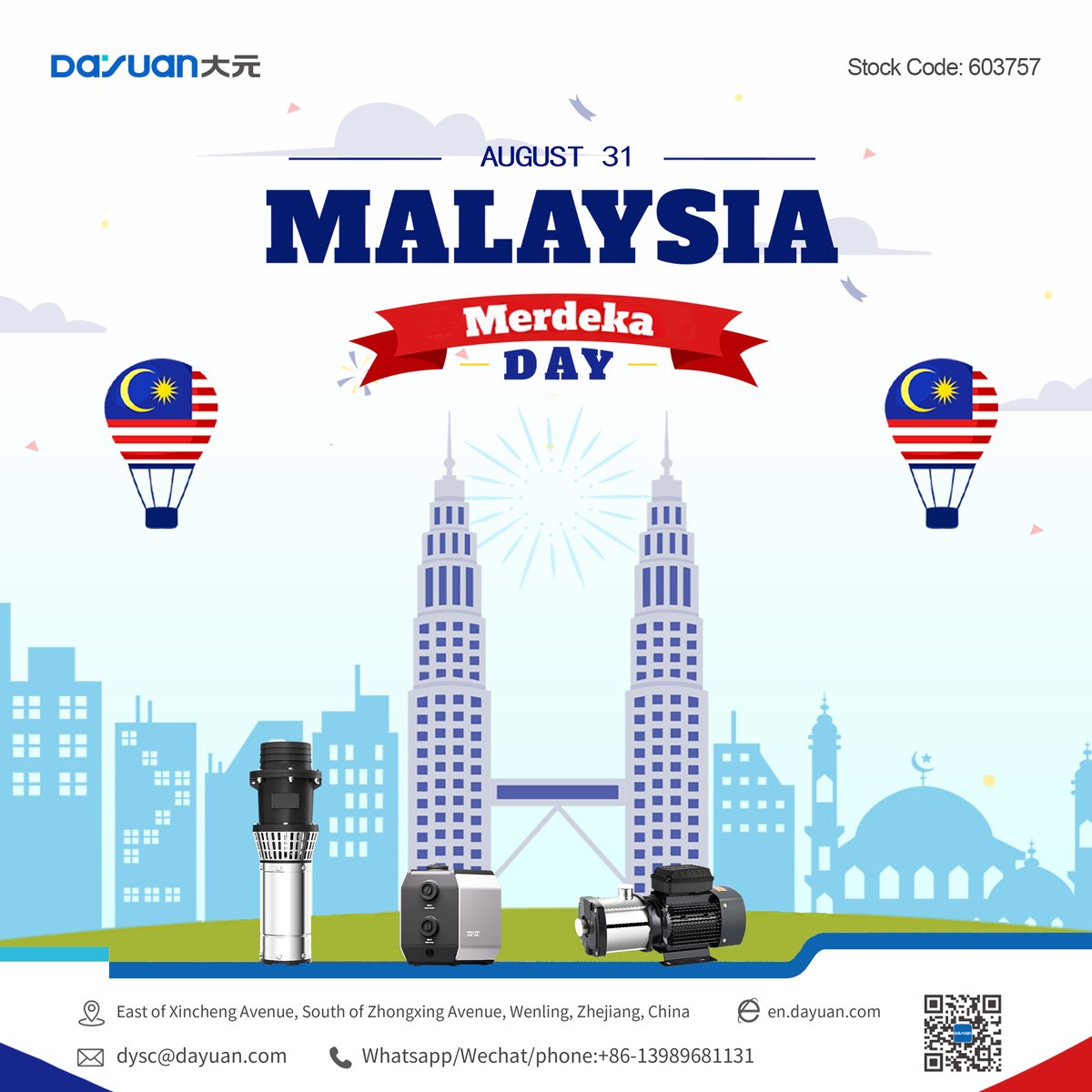 DayuanPump's tweet photo. Celebrating Malaysia’s Merdeka Day with DAYUAN’s smart water solutions—powering homes, agriculture, and industries with our advanced FP booster, Q(Y)-L submersible, and DHL multistage pumps.

#merdekaday #dayuanpump #surfacepump #submersiblepump #multistagesubmersiblepump https://t.co/ekKLFdRfqW