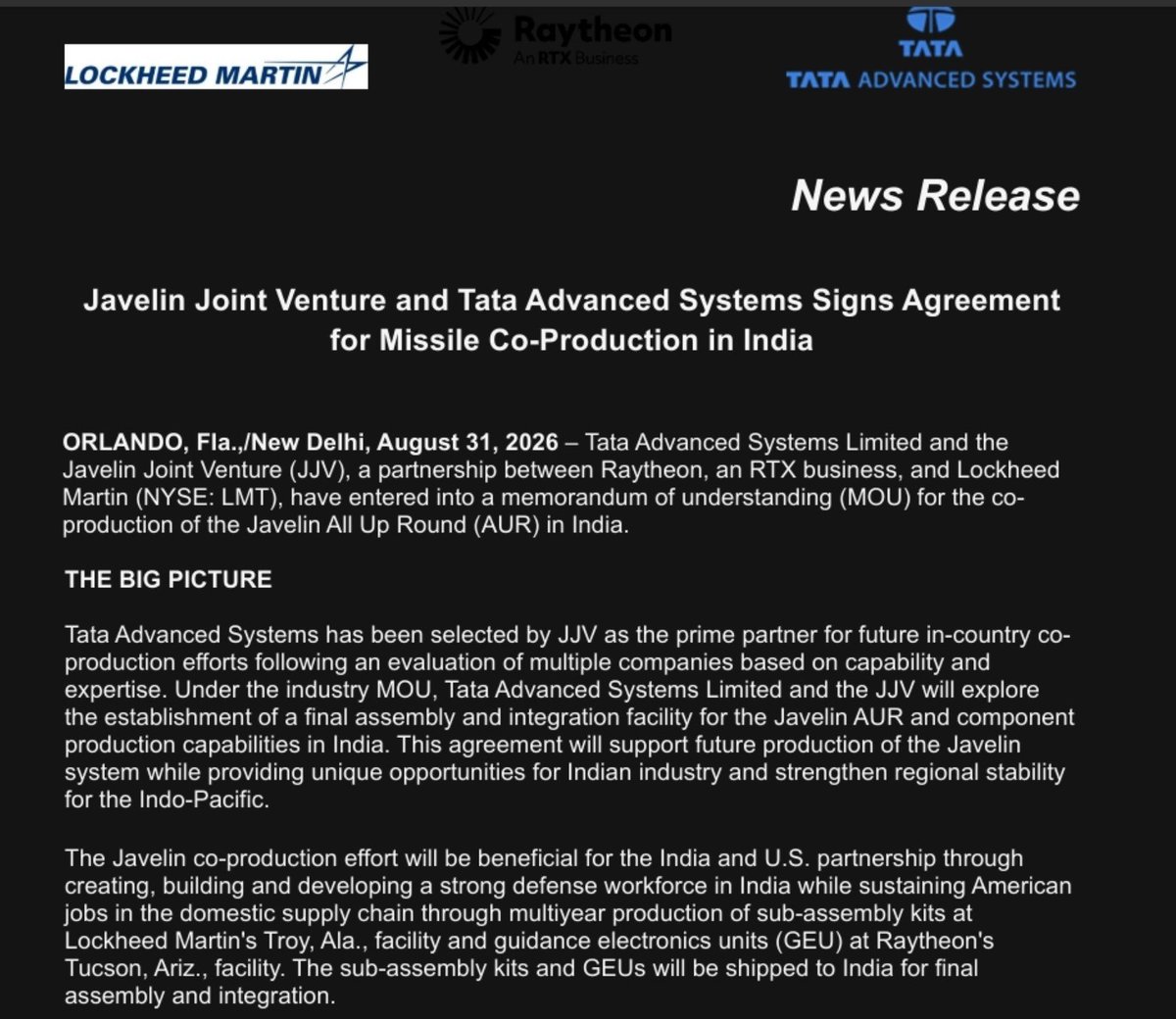 sidhant's tweet photo. Tata Advanced Systems and the US Javelin Joint Venture sign MoU to co-produce Javelin anti-tank missiles in India: statement https://t.co/fb0bdjmeb5