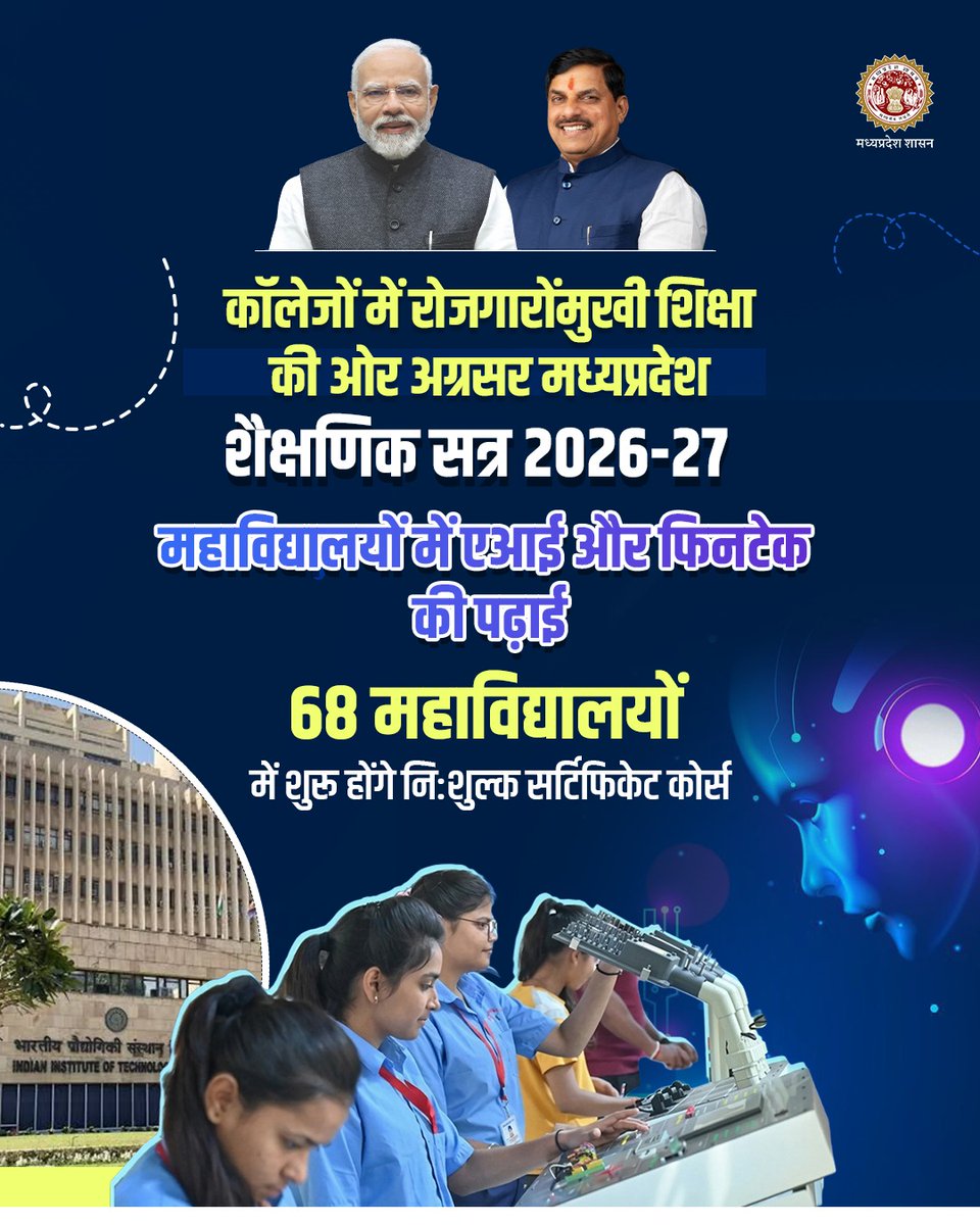 highereduminmp's tweet photo. कॉलेजों में रोजगारोंमुखी शिक्षा की ओर अग्रसर मध्यप्रदेश 

शैक्षणिक सत्र 2026-27 में महाविद्यालयों में एआई और फिनटेक की पढ़ाई 

68 महाविद्यालयों में शुरू होंगे नि:शुल्क सर्टिफिकेट कोर्स 

#MadhyaPradesh
@JansamparkMP https://t.co/DbgUP1Qwol