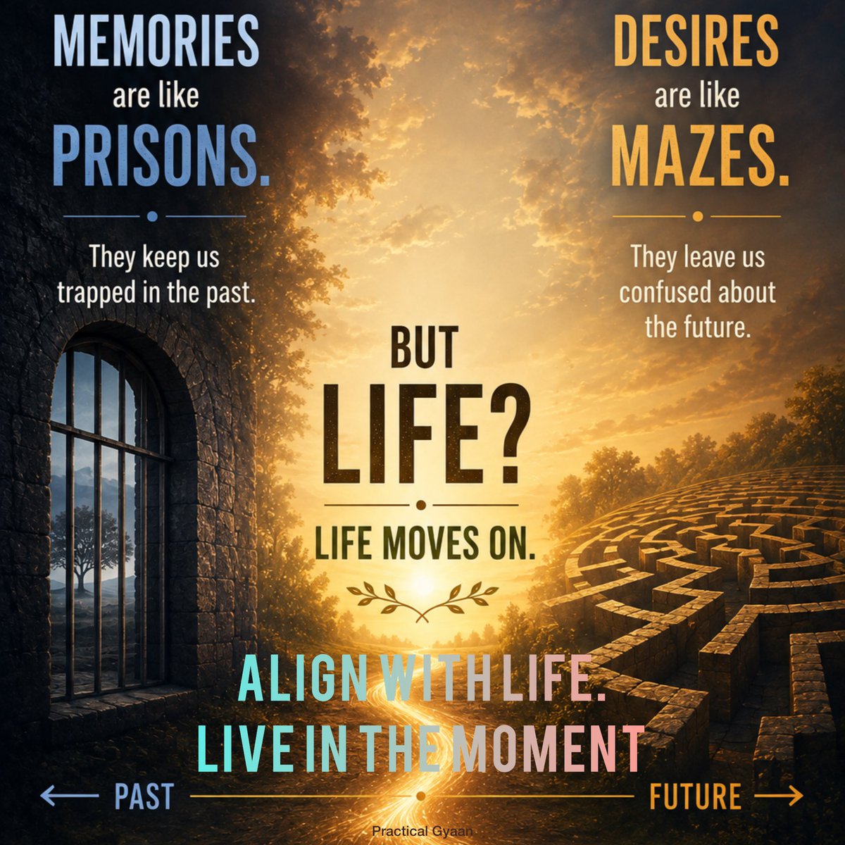 practical_gyaan's tweet photo. Life is Now.
Where are you?
#memories #prison #desires #maze #liveinthemoment #spirituality #spiritualwisdom #past #future https://t.co/vkZsu1uJzD
