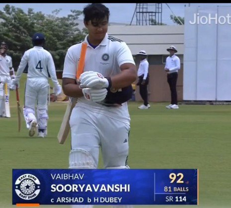 ej_memezz__'s tweet photo. Vaibhav suryavanshi Became the youngest player to score a 
half-century in Duleep Trophy history, breaking a 57 year old record set back in 1969. 🤯

Missed a well-deserved century by just 8 runs, feel for him, but what an incredible innings, Well played. ❤️🙌🏼🔥 https://t.co/15ITLVe7E1