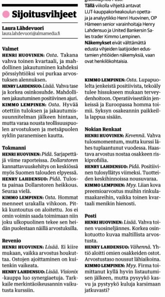 HLahdensuo's tweet photo. Sijoitusvihjeet #kauppalehti 27.8.2026 https://t.co/a7m8unEvXC