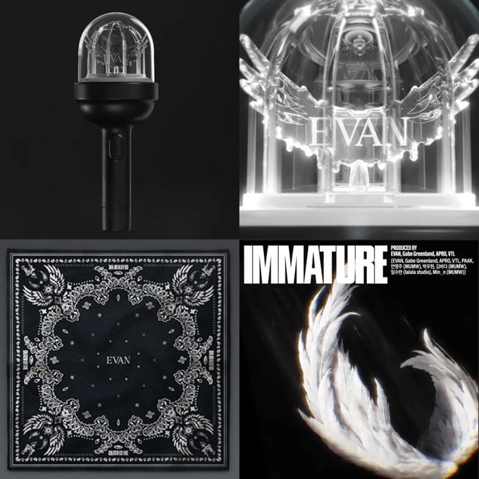 EVAN01ACE's tweet photo. Those wings being on the Bandana Ver. B, “Immature” sampler, and now the lightstick… evan’s attention to detail is insane.. His mind is so freaking attractive 😭🤌🏻 https://t.co/9T3Kt1rV6C