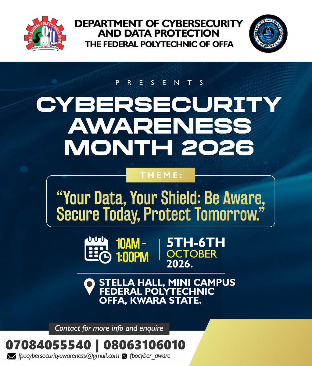 Fpocyber_aware's tweet photo. 🎉 CYBERSECURITY AWARENESS MONTH 2026 IS HERE! 🔐🛡️

Come and learn more about cybersecurity, data protection, and staying safe in the digital world. 💻🔒

📢

#CybersecurityAwarenessMonth2026 #CyberAwareness #DataProtection #StayCyberSafe https://t.co/x5KGJE7FDI