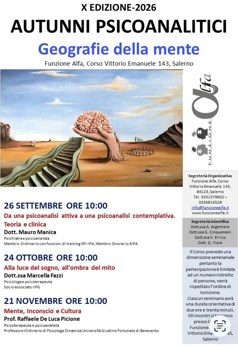 sunballo's tweet photo. 🧠 X AUTUNNI PSICOANALITICI: Geografie della mente
3 incontri a Salerno (h 10:00):
🔹26/09 M. Manica
🔹24/10 M. Fazzi
🔹21/11 R. De Luca Picione
📍Funzione Alfa, https://t.co/IydU07xyva Vittorio Emanuele 143
⚠️Posti limitati!
ℹ️ info@funzionealfa.it | 3331579602 https://t.co/jRHcExuy8j